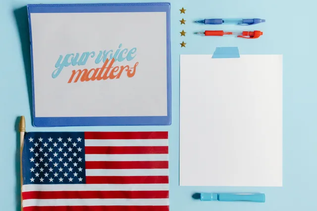 Patriotic flat lay featuring an American flag and a motivational 'Your Voice Matters' card. Which Campaign Brief Template Case Studies Help