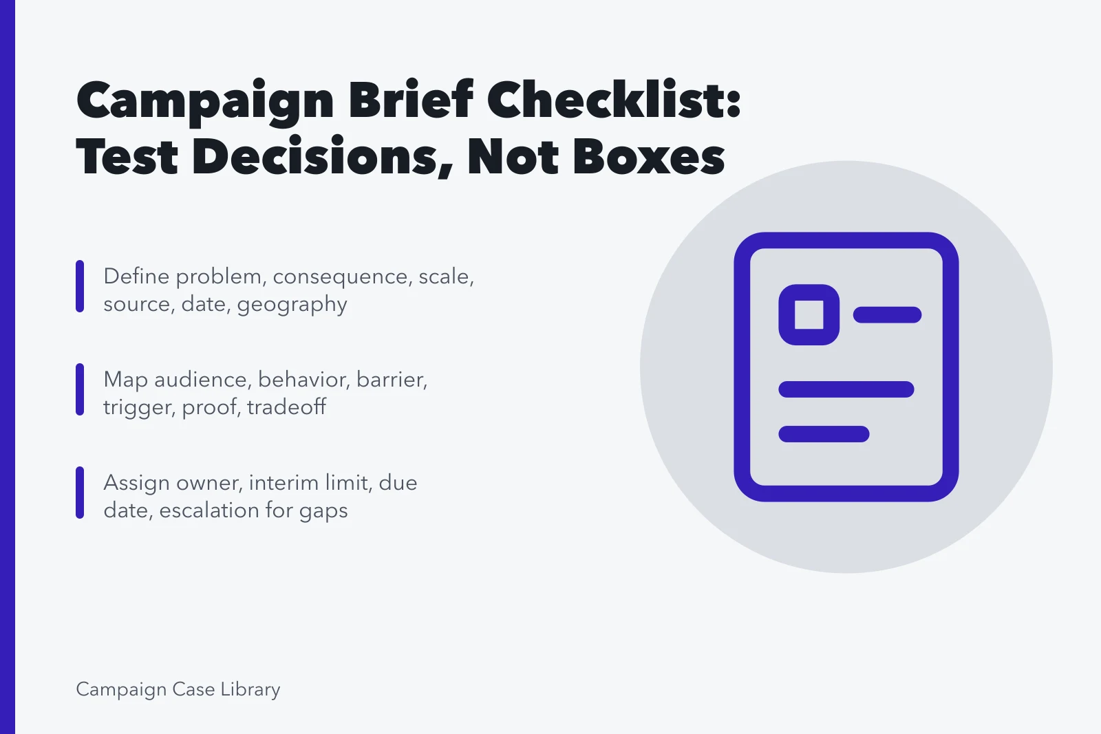 Campaign brief checklist card with problem, audience, and owner checks. What a Campaign Brief Template Checklist Covers