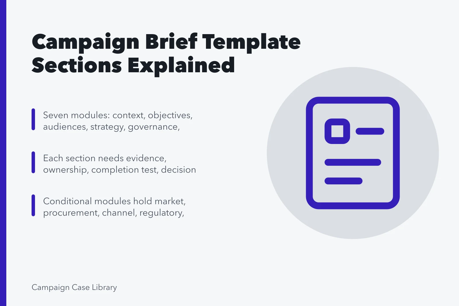 Campaign brief template sections organized into seven connected planning modules. How Campaign Brief Template Sections Differ