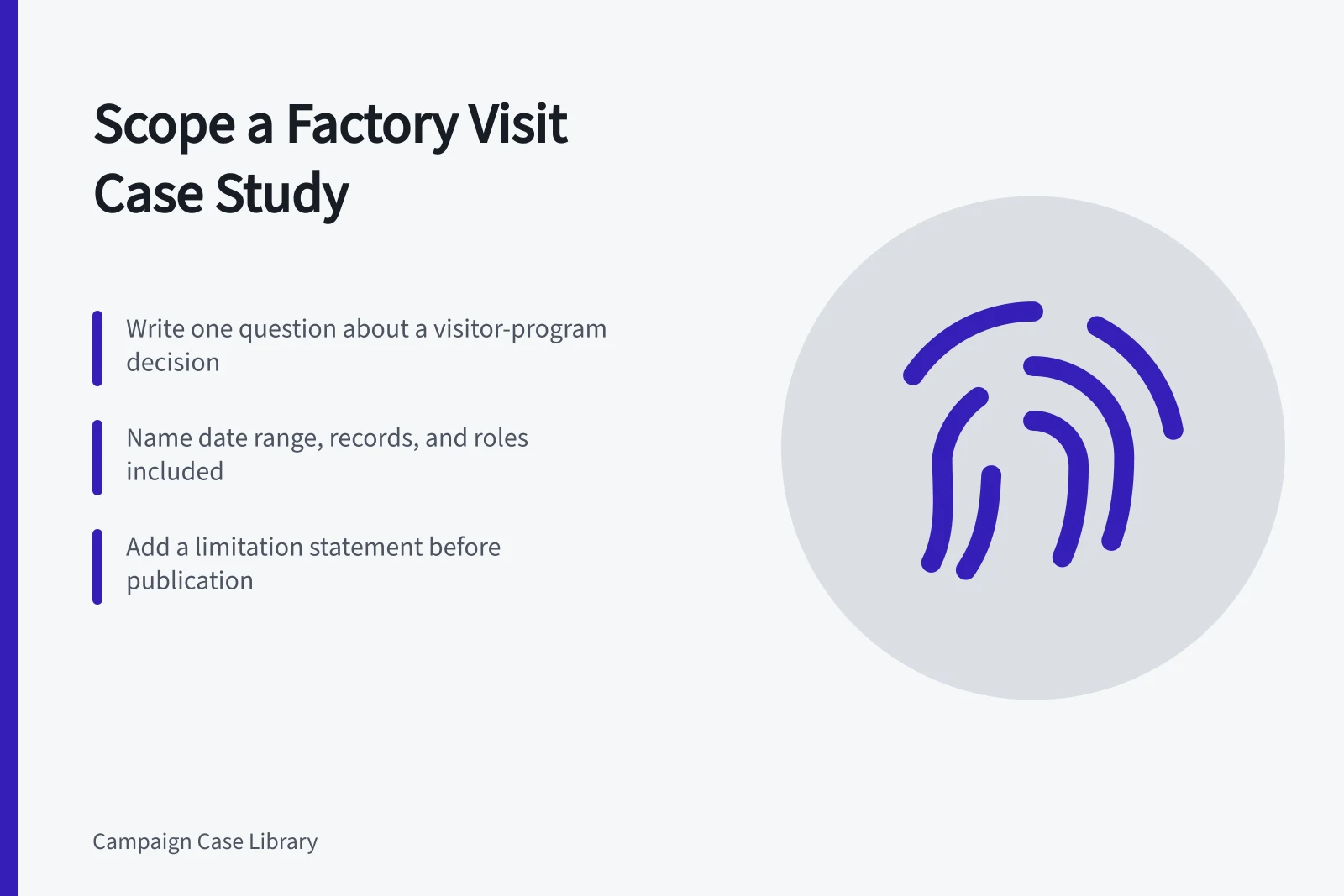 Checklist card for scoping a factory visit case study. How to scope a working factory visit case study: a 2027 checklist