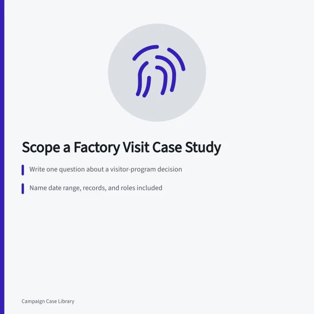 Checklist card for scoping a factory visit case study. How to scope a working factory visit case study: a 2027 checklist