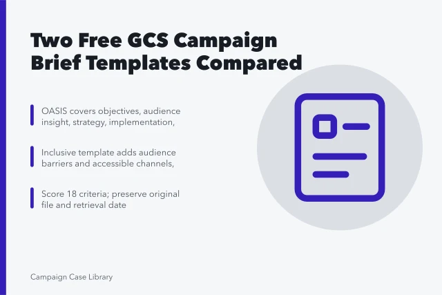 Comparison card for two free GCS campaign brief templates. Free Campaign Brief Templates: GCS Offers Two Real Options