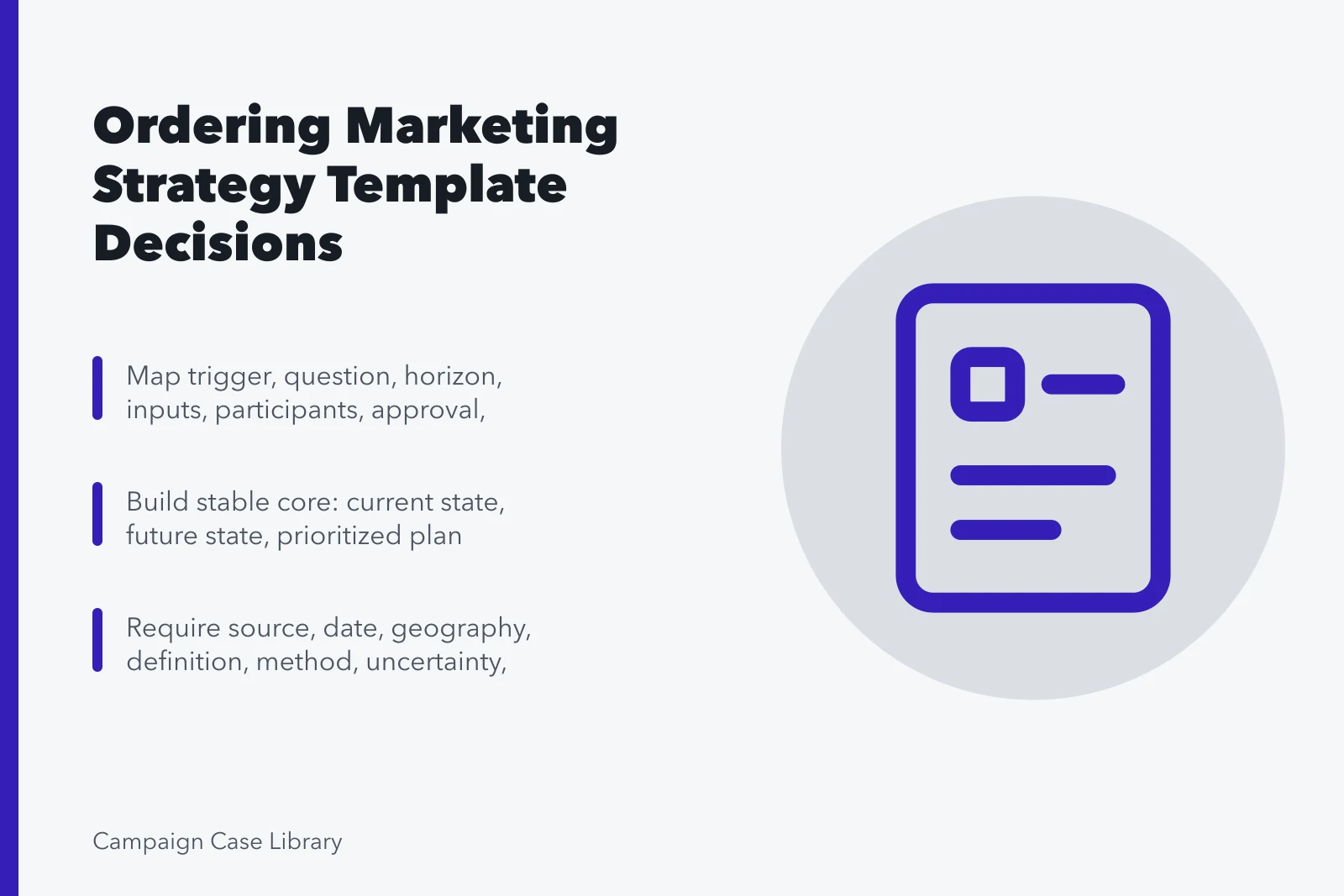 Card outlining steps to build a marketing strategy template in sensible order. Working Through Marketing Strategy Templates in a Sensible Order