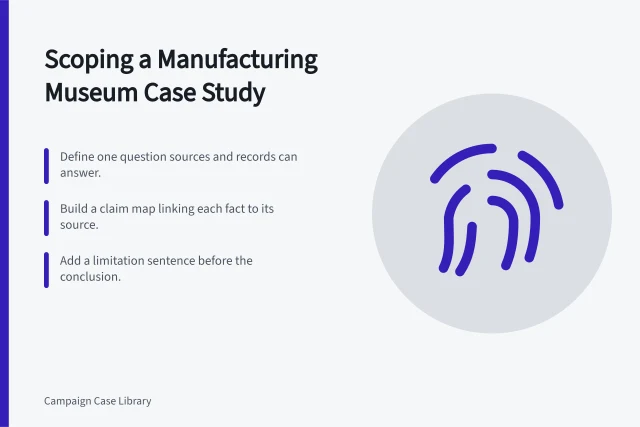 Checklist card for scoping manufacturing museum case studies with sources and limits. Manufacturing museum case study checklist: how editors scope the work