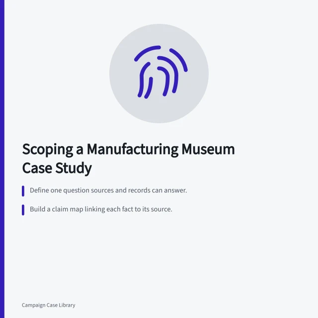 Checklist card for scoping manufacturing museum case studies with sources and limits. Manufacturing museum case study checklist: how editors scope the work