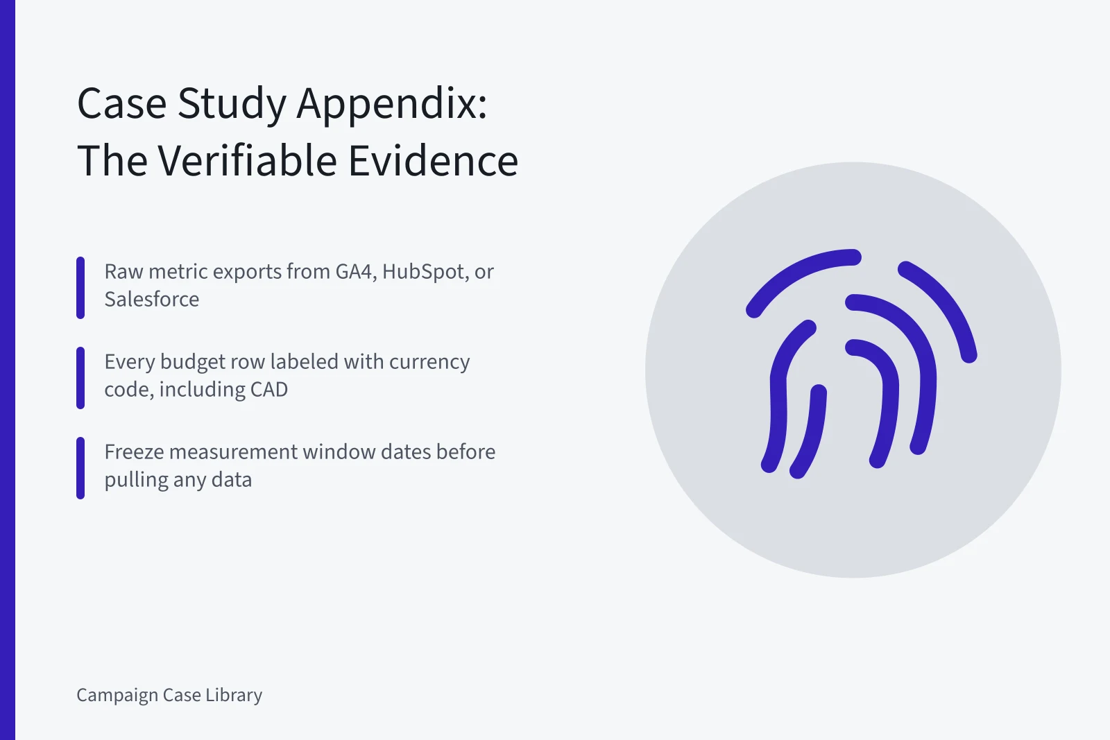 Card listing case study appendix evidence: raw exports, currency codes, frozen dates. Marketing Case Study Templates: What US Agencies Put in the Appendix