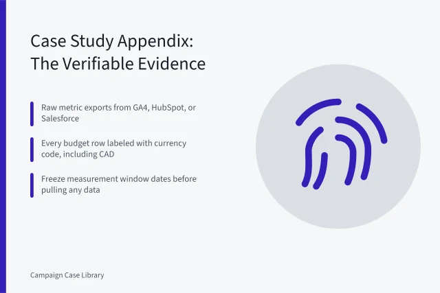 Card listing case study appendix evidence: raw exports, currency codes, frozen dates. Marketing Case Study Templates: What US Agencies Put in the Appendix