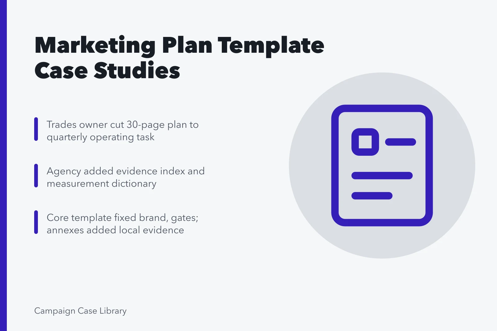 Card summarizing six constructed marketing plan template adaptation cases. Which Marketing Plan Template Case Studies Are Useful