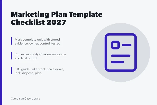Checklist card for marketing plan template selection, accessibility, and data security. How to Use a Marketing Plan Template Checklist