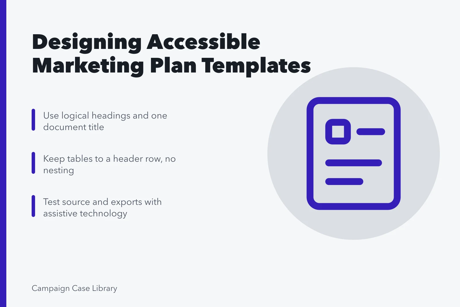 Card showing accessible marketing plan template structure and testing guidance. What Does the Evidence Actually Show About Marketing Plan Templates?