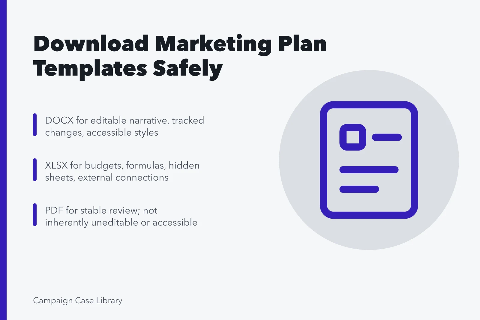 Card comparing DOCX, XLSX, and PDF marketing plan template downloads for safety. How to Download a Marketing Plan Template Safely