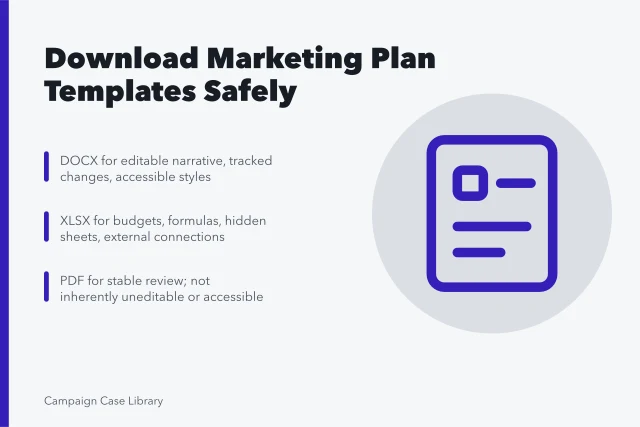 Card comparing DOCX, XLSX, and PDF marketing plan template downloads for safety. How to Download a Marketing Plan Template Safely