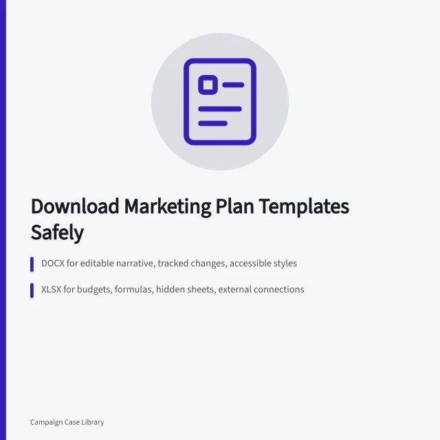 Card comparing DOCX, XLSX, and PDF marketing plan template downloads for safety. How to Download a Marketing Plan Template Safely