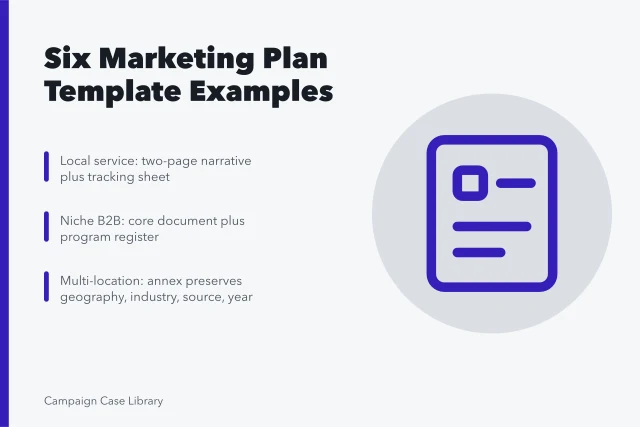 Card showing six marketing plan template structures for different business types. Which Marketing Plan Template Examples to Copy