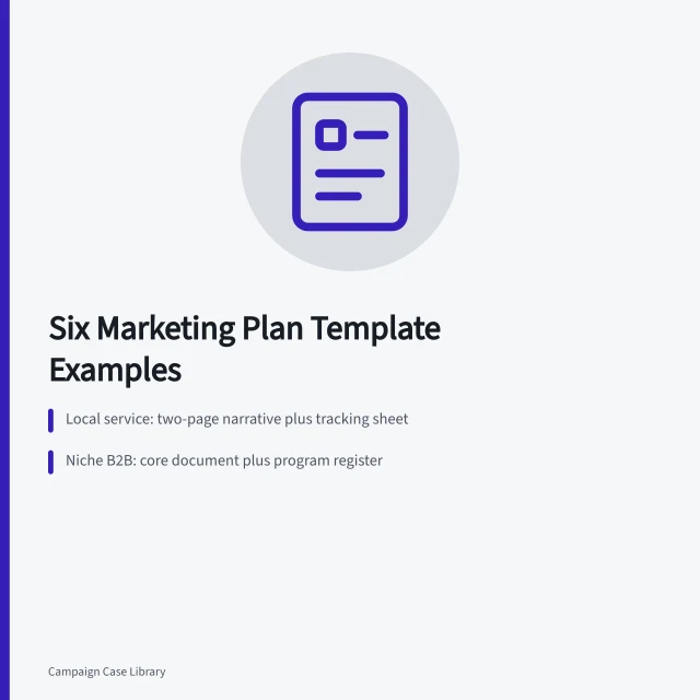 Card showing six marketing plan template structures for different business types. Which Marketing Plan Template Examples to Copy