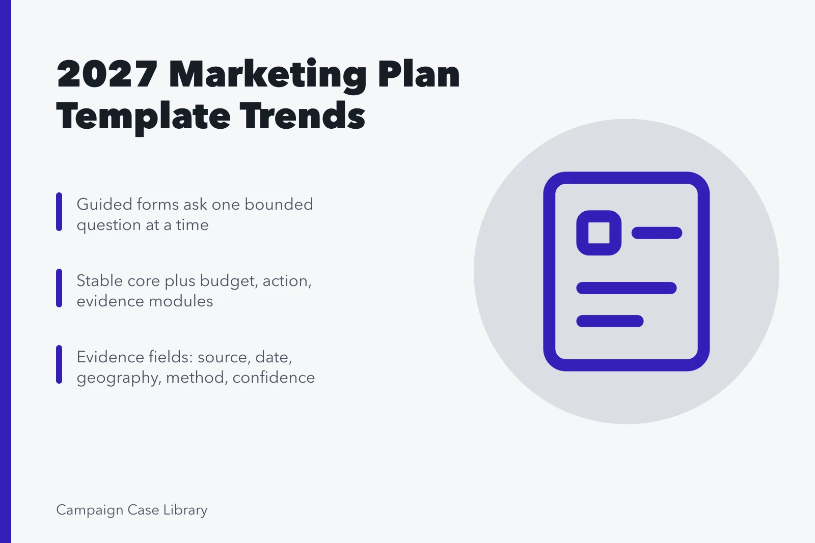 Card summarizing 2027 marketing plan template trends and modular planning. The Marketing Plan Template Trends That Will Still Matter Next Year, Updated for 2027