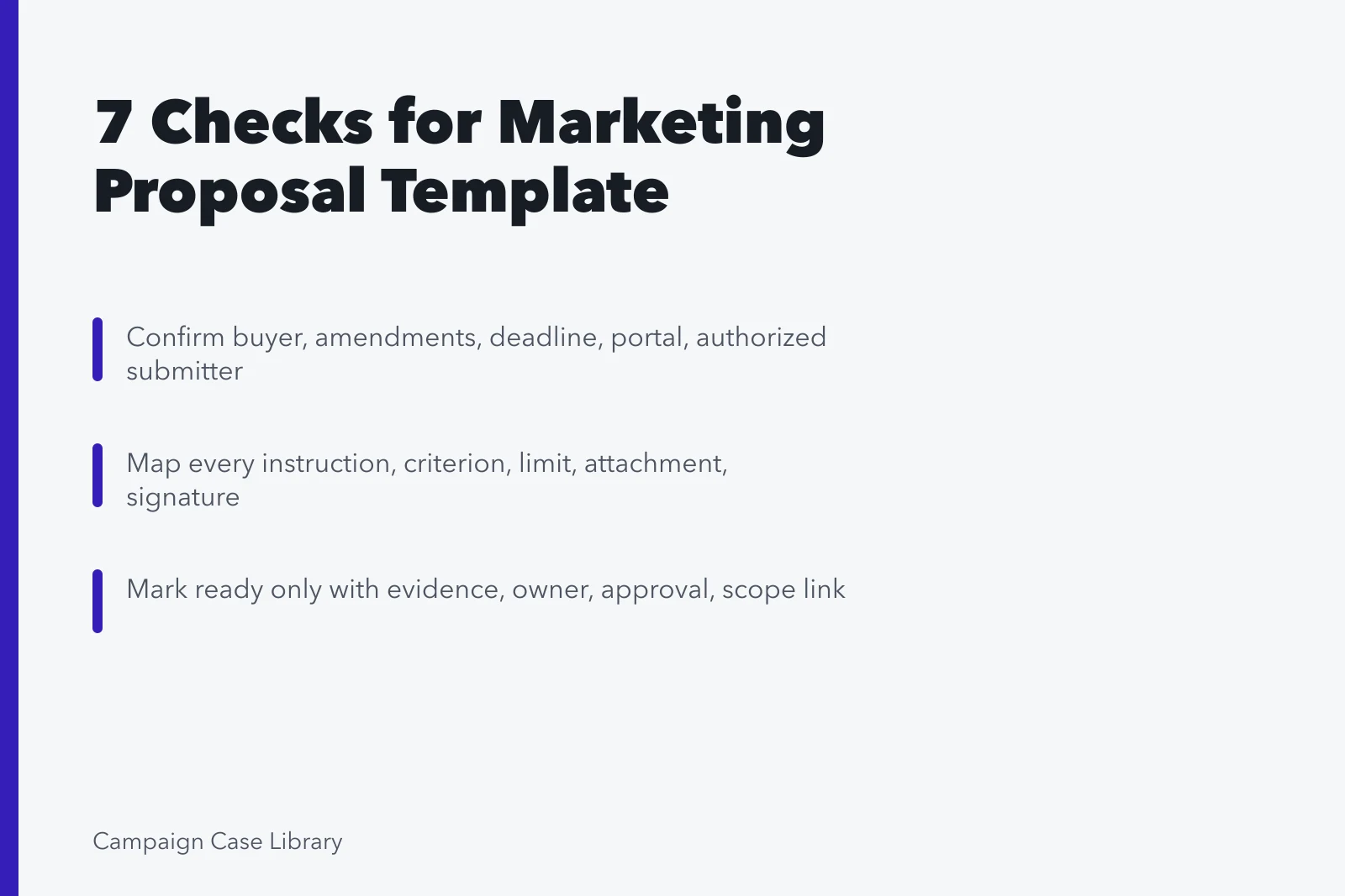 Checklist card for marketing proposal template compliance and submission control. 7 Checks for Marketing Proposal Template