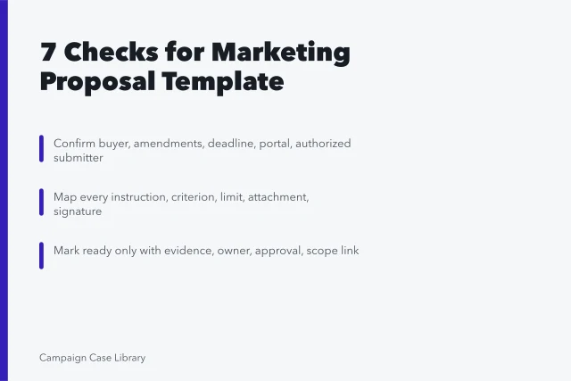 Checklist card for marketing proposal template compliance and submission control. 7 Checks for Marketing Proposal Template