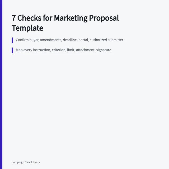 Checklist card for marketing proposal template compliance and submission control. 7 Checks for Marketing Proposal Template