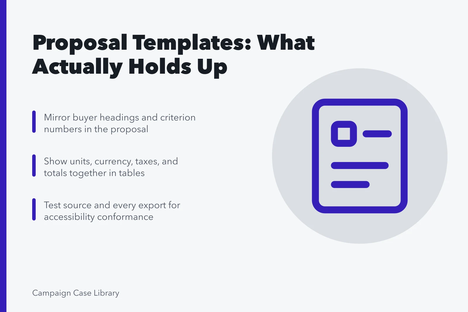 Card summarizing proposal template design, scannable pricing tables, and accessibility testing. Which Claims About Proposal Templates Actually Hold Up?