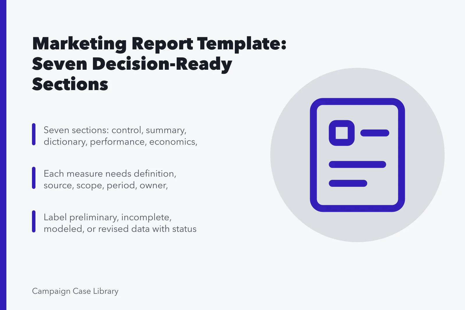 Card listing seven marketing report template sections and metric documentation requirements. Getting Marketing Report Template Sections Right the First Time