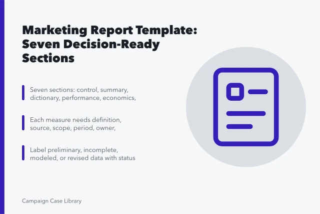 Card listing seven marketing report template sections and metric documentation requirements. Getting Marketing Report Template Sections Right the First Time