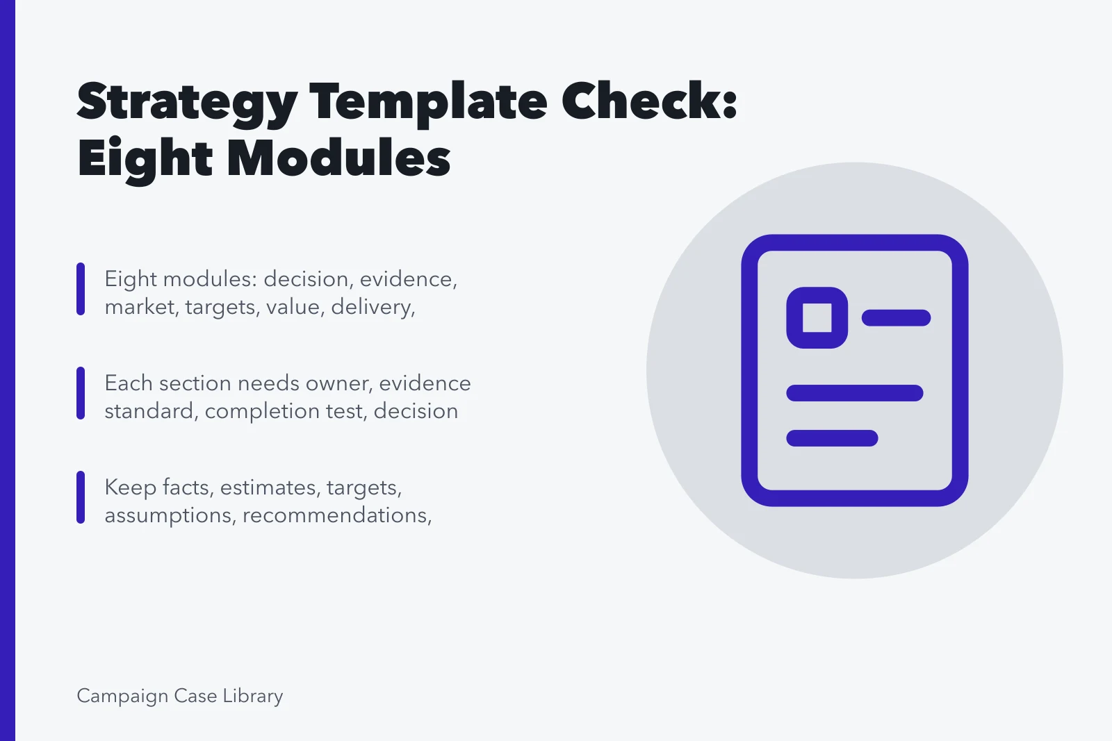 Card listing eight marketing strategy template modules and section requirements. Running a Proper Check on Strategy Templates for a Working Plan