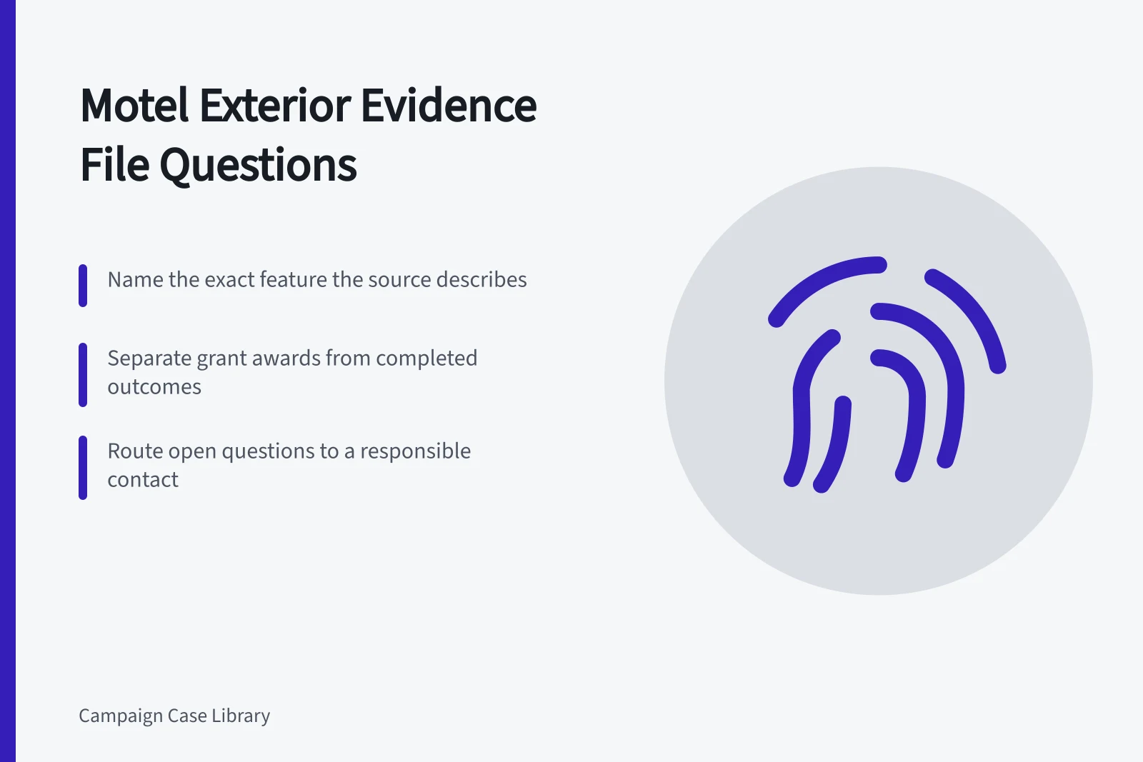 Card listing evidence questions for motel exterior case studies. Motel exterior case study questions: build the evidence file before you write