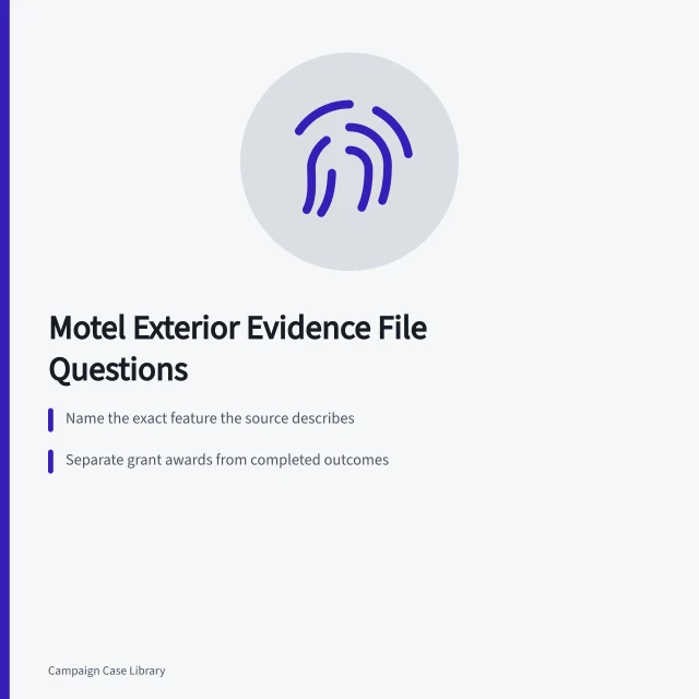Card listing evidence questions for motel exterior case studies. Motel exterior case study questions: build the evidence file before you write