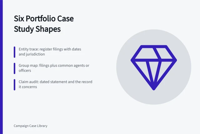 Table of six portfolio case study shapes and their evidence rules. Portfolio case studies fall into six distinct shapes, each with its own rules