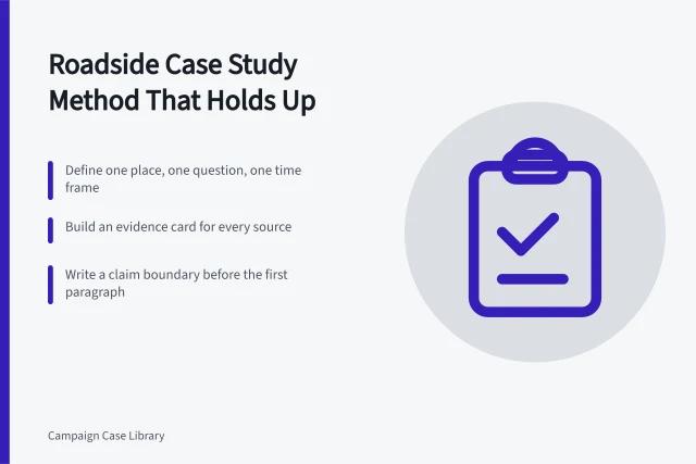 Card outlining a roadside building case study method with evidence cards and claim boundaries. How to run a roadside building case study method that holds up