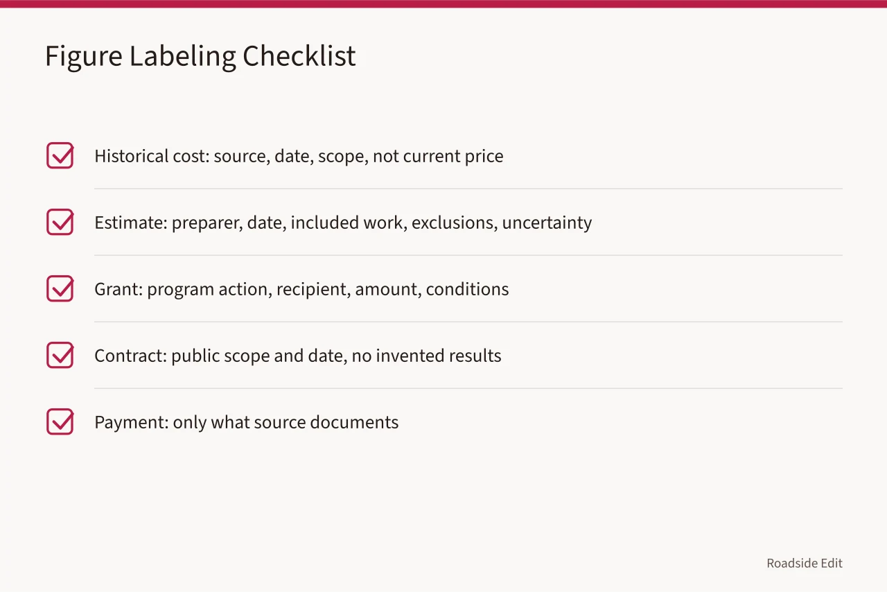 Checklist for labeling historical costs, estimates, grants, contracts, and payments (How roadside design studios should write case study budget notes)